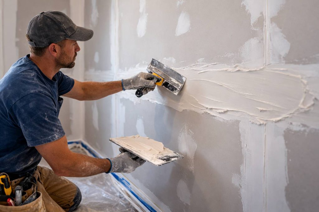 Drywall contractor repairing uneven wall surface with joint compound.