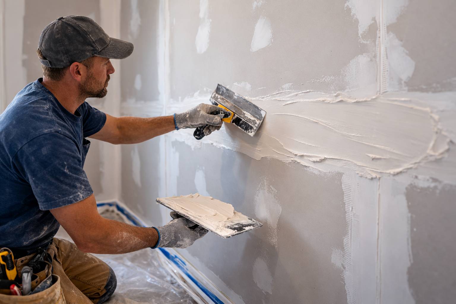 Drywall contractor repairing uneven wall surface with joint compound.